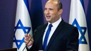 Yemina party leader Naftali Bennett speaks to the Israeli Parliament in Jerusalem, Sunday, May 30, 2021.