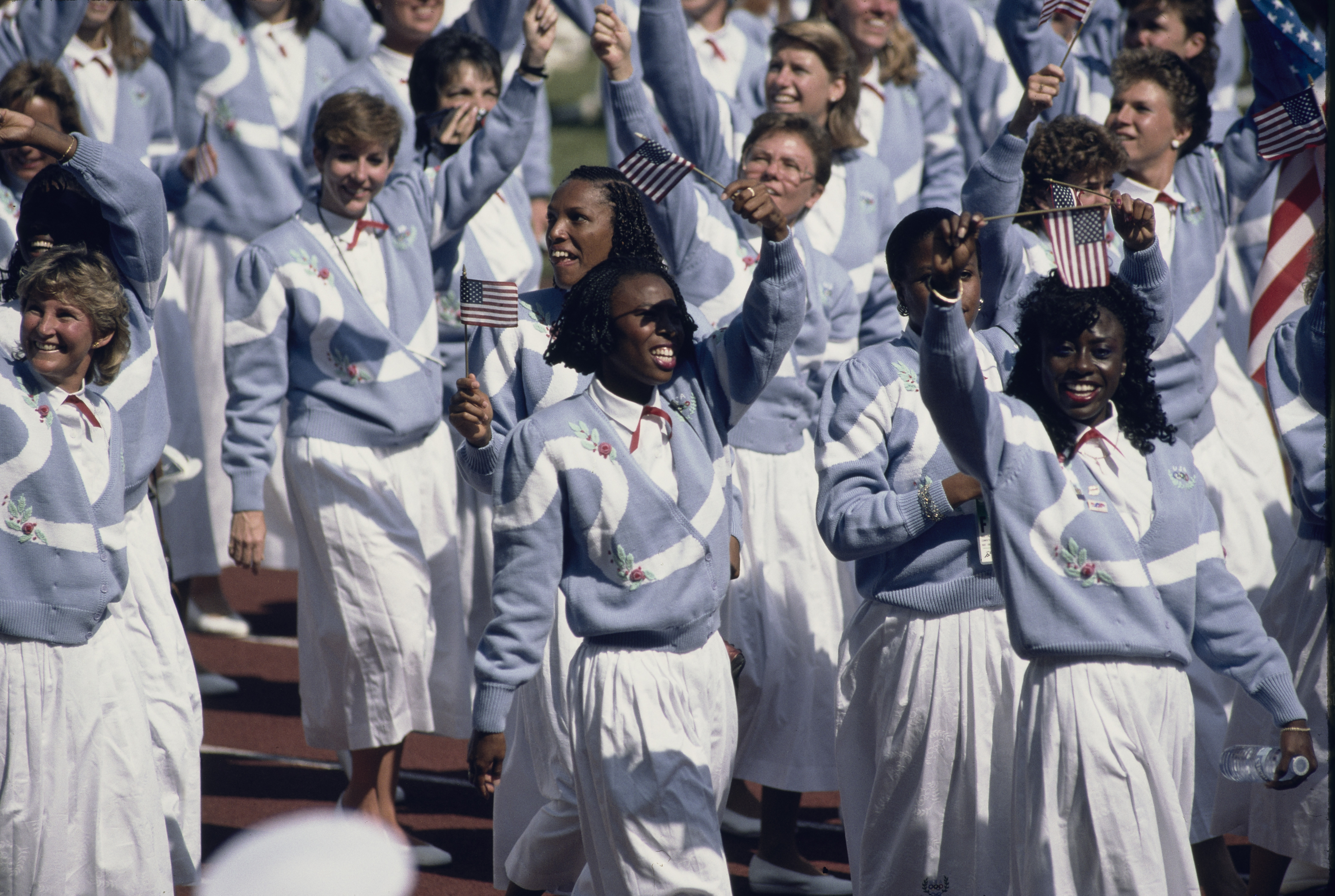American 400 meter runner Denean Howard (right) among other members of the US Olympic team during the Parade of Nations at the Opening Ceremony of the Olympic Games, Seoul, South Korea, on Sept. 17, 1988.