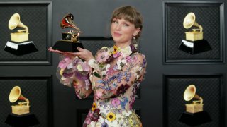 Taylor Swift poses with a Grammy Award