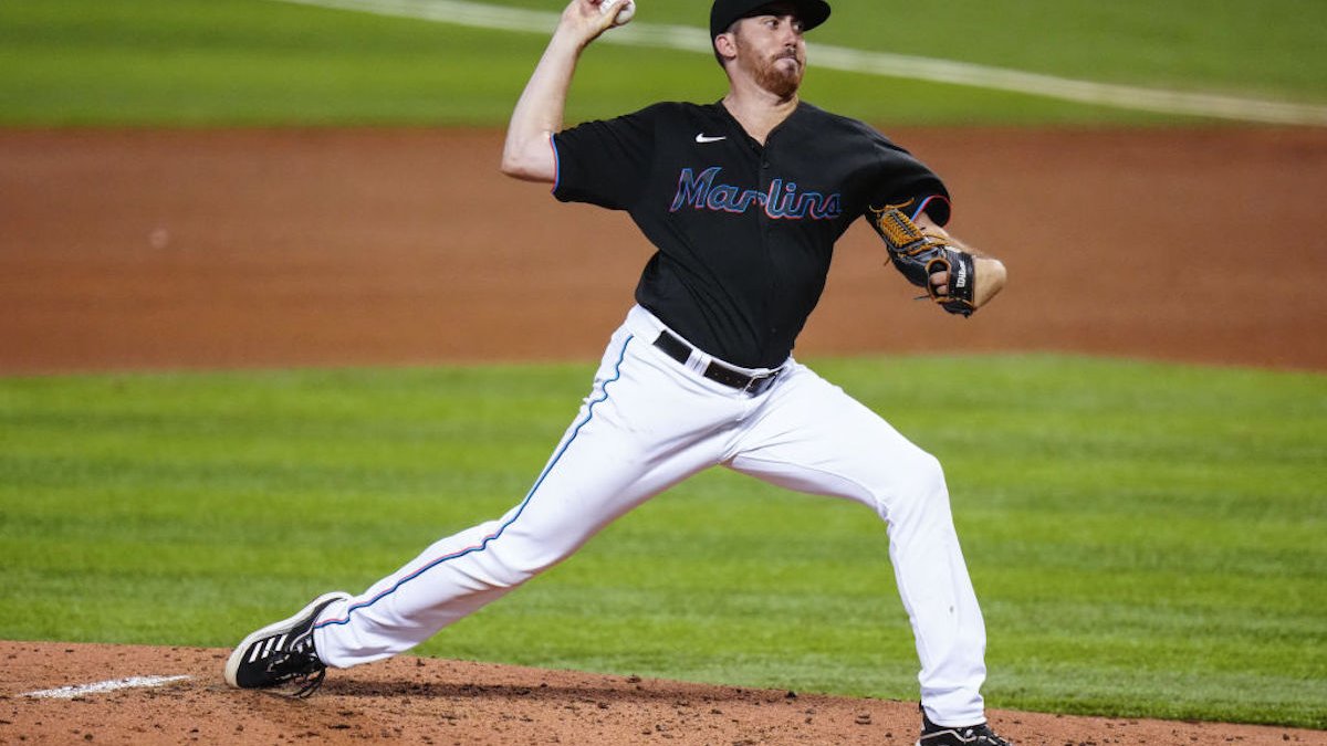 Dylan Floro of the Miami Marlins prepares to deliver a pitch in the News  Photo - Getty Images