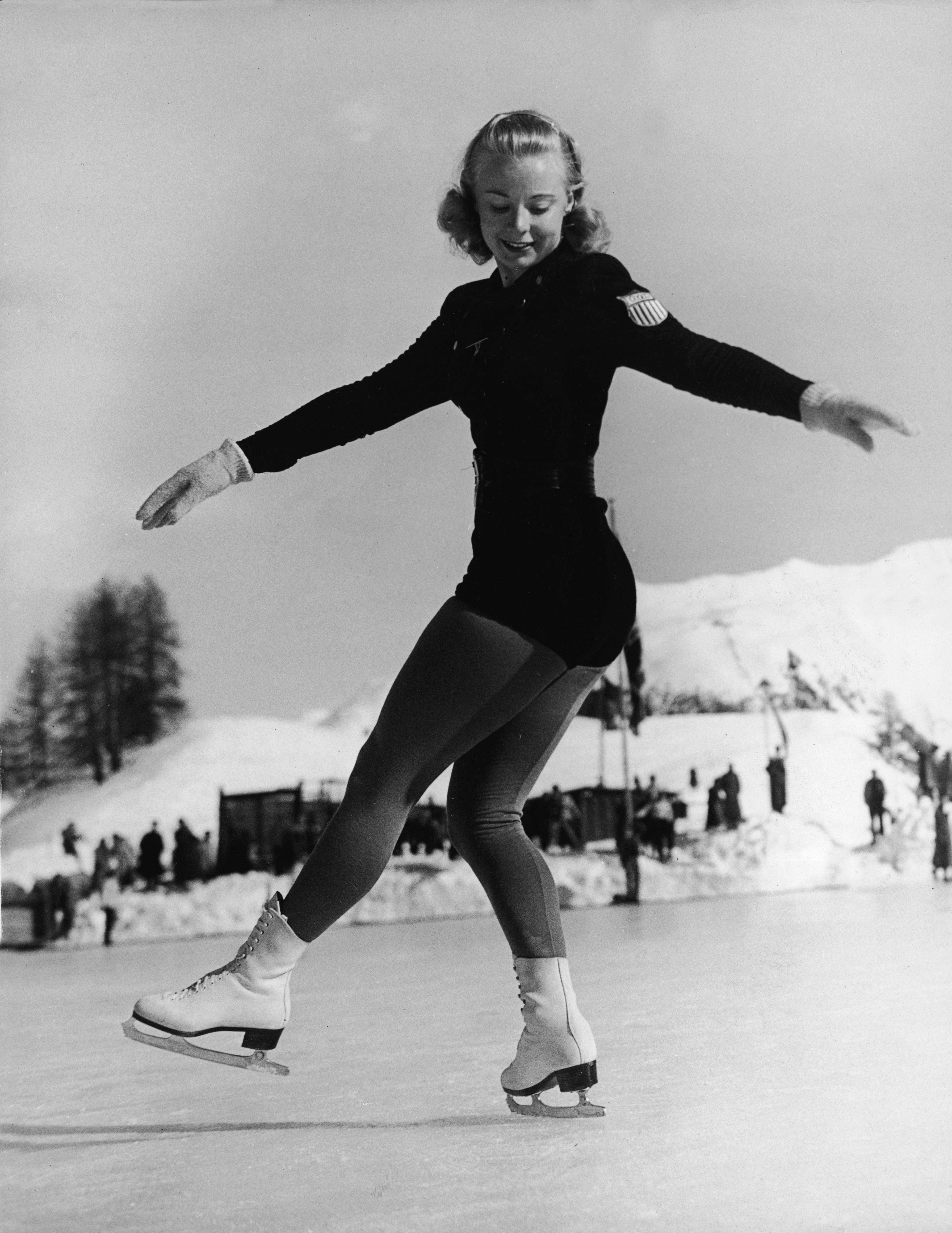 American skater Gretchen Merrill on the ice during her performance in the Ladies Figure Skating contest at the Olympic Games in St. Moritz, Switzerland, Feb. 6, 1948. Merril finished the event in 8th place.