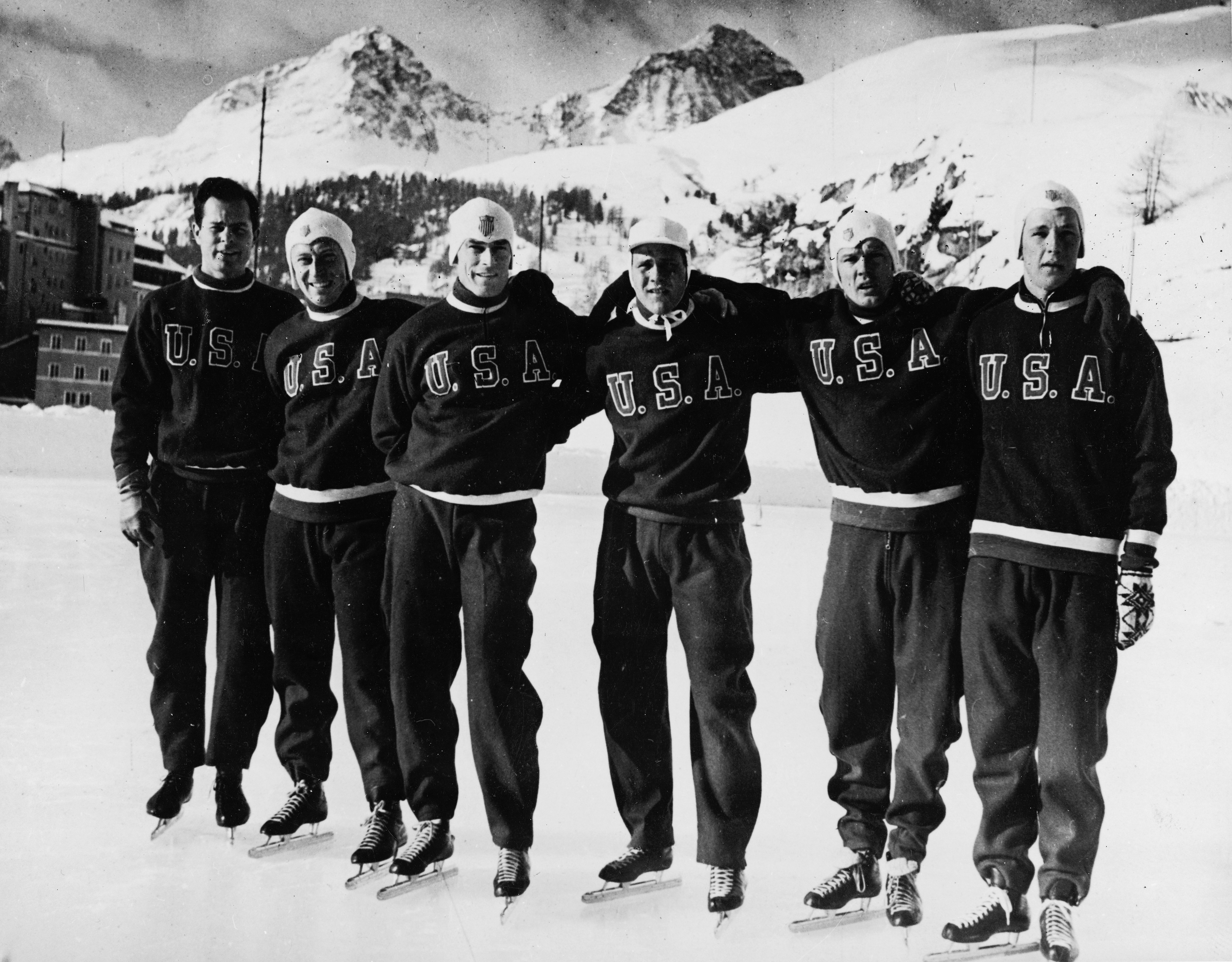 Portrait of the US Olympic speed skating team on an outdoor rink shortly after arriving in St. Moritz for the 1948 Winter Olympic Games, St. Moritz, Switzerland, January 1948.