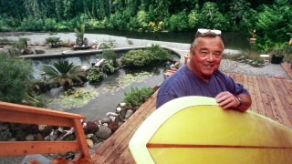 Surfing great Greg Noll on his deck at home that overlooks the Smith River near Crescent City.