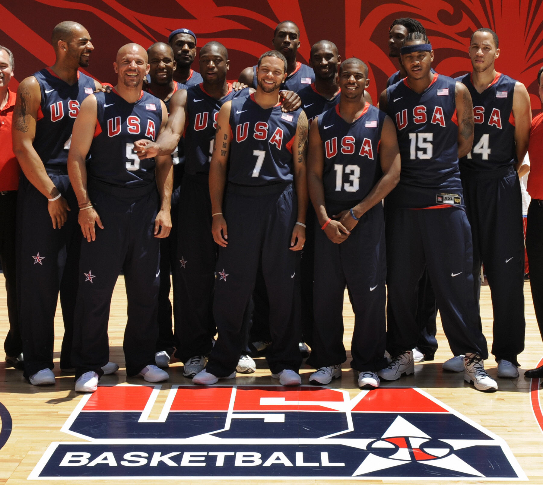Players from the US Olympic basketball team (L-R) Carlos Boozer, Jason Kidd, Michael Redd, LeBron James, Dwyane Wade, Deron Willimas, Dwight Howard, Kobe Bryant, Chris Paul, Carmelo Anthony, Chris Bosh and Tayshaun Prince pose in Rockefeller Center on June 30, 2008, to display the uniforms provided by Nike they will wear at the Beijing Olympics.