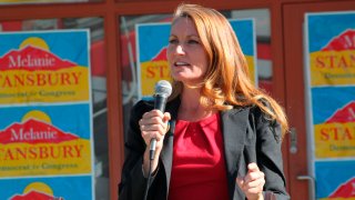 Democratic congressional candidate Melanie Stansbury speaks during a campaign rally in Albuquerque, New Mexico, on Thursday, May 27, 2021. She was joined by Doug Emhoff, the husband of Vice President Kamala Harris. The trip marked Emhoff's first on behalf of a candidate.