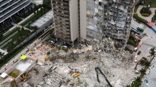 An aerial view of the site during a rescue operation of the Champlain Tower partially collapsed in Surfside, Florida, on July 1, 2021.