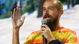 Jack Dorsey, CEO of Twitter and co-founder & CEO of Square, speaks during the crypto-currency conference Bitcoin 2021 Convention at the Mana Convention Center in Miami, Florida, on June 4, 2021.