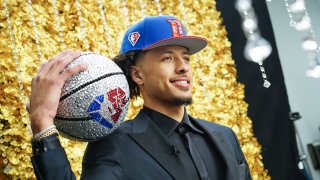 Cade Cunningham poses for a photo after being drafted first overall by the Detroit Pistons during the 2021 NBA Draft on July 29, 2021 at Barclays Center in Brooklyn, New York.