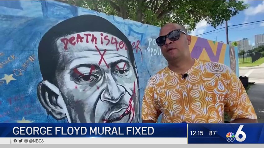 Vandalized George Floyd Mural in Overtown Restored