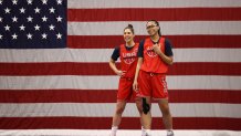 Kelsey Plum and Allisha Gray, right, of the USA Women's National 3x3 Team smile during USAB Womens 3x3 National Team practice at the Mandalay Bay Convention Center on July 17, 2021 in Las Vegas, Nevada.