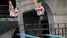 United States' Michael Hixon and Andrew Capobianco perform a dive during the men's synchronized 3-meter springboard preliminaries at the FINA Diving World Cup Sunday, May 2, 2021, at the Tokyo Aquatics Centre in Tokyo.