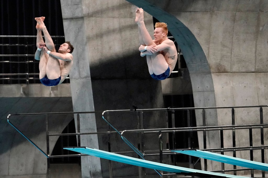 United States' Michael Hixon and Andrew Capobianco perform a dive during the men's synchronized 3-meter springboard preliminaries at the FINA Diving World Cup Sunday, May 2, 2021, at the Tokyo Aquatics Centre in Tokyo.