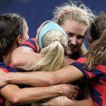 United States' Lindsey Horan, second from right, celebrates after scoring a goal during a women's soccer match against New Zealand at the 2020 Summer Olympics, Saturday, July 24, 2021, in Saitama, Japan.