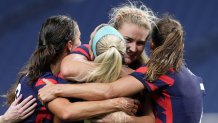 United States' Lindsey Horan, second from right, celebrates after scoring a goal during a women's soccer match against New Zealand at the 2020 Summer Olympics, Saturday, July 24, 2021, in Saitama, Japan.