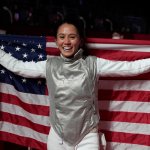 Lee Kiefer of the United States celebrates winning the women's individual Foil final competition against Inna Deriglazova of the Russian Olympic Committee at the 2020 Summer Olympics, Sunday, July 25, 2021, in Chiba, Japan.