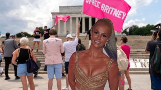 FILE - Fans and supporters of pop star Britney Spears protest at the Lincoln Memorial, during the "Free Britney" rally, July 14, 2021, in Washington.