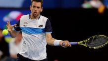 PERTH, AUSTRALIA - JANUARY 07:  Austin Krajicek of Team USA plays a backhand in the doubles match against Simone Bolelli and Fabio Fognini of Team Italy during day five of the ATP Cup Group Stage at RAC Arena on January 07, 2020 in Perth, Australia. (Photo by Will Russell/Getty Images)