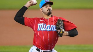 MIAMI, FL – JULY 11: Pablo Lopez #49 of the Miami Marlins throws a pitch during the first inning against the Atlanta Braves at loanDepot park on July 11, 2021 in Miami, Florida. (Photo by Eric Espada/Getty Images)