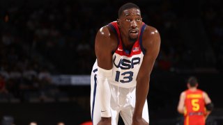 LAS VEGAS, NV – JULY 18: Bam Adebayo #13 of the USA Men’s National Team looks on during the game against the Spain Men’s National Team on July 18, 2021 at Michelob ULTRA Arena in Las Vegas, Nevada. NOTE TO USER: User expressly acknowledges and agrees that, by downloading and or using this photograph, User is consenting to the terms and conditions of the Getty Images License Agreement. (Photo by Ned Dishman/NBAE via Getty Images)