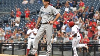 WASHINGTON, DC – JULY 19: Ross Detwiler #54 of the Miami Marlins reacts after giving up a home run to Josh Bell #19 of the Washington Nationals in the first inning during a baseball game at Nationals Park on July 19, 2021 in Washington, DC. (Photo by Mitchell Layton/Getty Images)