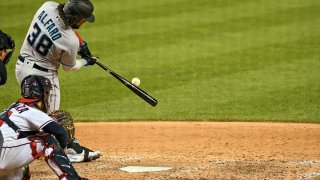 WASHINGTON, DC – JULY 21: Miami Marlins catcher Jorge Alfaro (38) hits a game winning RBI single in the tenth inning during the Miami Marlins versus the Washington Nationals on July 21, 2021 at Nationals Park in Washington, D.C. (Photo by Mark Goldman/Icon Sportswire via Getty Images)