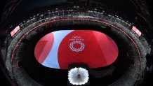 The Tokyo 2020 emblem and the stage seen ahead of the opening ceremony of the Tokyo 2020 Olympic Games, at the Olympic Stadium, in Tokyo, on July 23, 2021.