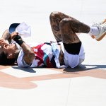 Nyjah Huston wipes out at the mens skateboarding street final at Aomi Urban Sports Park, Tokyo, July 25, 2021.