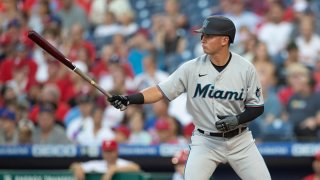 PHILADELPHIA, PA – JUNE 30: Joe Panik #12 of the Miami Marlins bats against the Philadelphia Phillies at Citizens Bank Park on June 30, 2021 in Philadelphia, Pennsylvania. (Photo by Mitchell Leff/Getty Images)