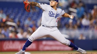 MIAMI, FLORIDA – JULY 08: Julio Urias #7 of the Los Angeles Dodgers delivers a pitch during the first inning against the Miami Marlins at loanDepot park on July 08, 2021 in Miami, Florida. (Photo by Michael Reaves/Getty Images)