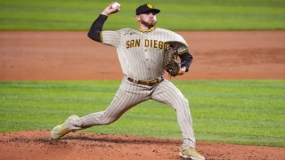 MIAMI, FLORIDA – JULY 23: Joe Musgrove #44 of the San Diego Padres delivers a pitch in the second inning against the Miami Marlins at loanDepot park on July 23, 2021 in Miami, Florida. (Photo by Mark Brown/Getty Images)