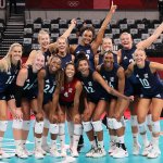 Team United States celebrates after defeating Team Argentina during the Women's Preliminary - Pool B on day two of the Tokyo 2020 Olympic Games at Ariake Arena on July 25, 2021 in Tokyo, Japan.