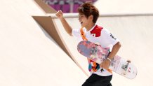 Yuto Horigome of Team Japan celebrates winning the gold medal in the Skateboarding Men's Street Finals on day two of the Tokyo 2020 Olympic Games at Ariake Urban Sports Park on July 25, 2021 in Tokyo, Japan.