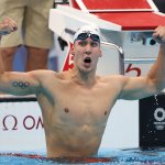 Chase Kalisz of United States celebrates winning the Men's 400m IM on day two of the Tokyo 2020 Olympic Games at Tokyo Aquatics Centre on July 25, 2021 in Tokyo, Japan.