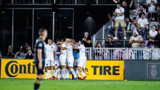 FORT LAUDERDALE, FLORIDA – JULY 25: Inter Miami CF celebrates a goal scored by Robbie Robinson #19 of Inter Miami CF against Philadelphia Union during the second half at DRV PNK Stadium on July 25, 2021 in Fort Lauderdale, Florida. (Photo by Mark Brown/Getty Images)