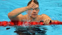 TOKYO, JAPAN - JULY 26: Ryan Murphy of Team United States reacts after competing in the Men's 100m Backstroke Semifinal on day three of the Tokyo 2020 Olympic Games at Tokyo Aquatics Centre on July 26, 2021 in Tokyo, Japan. (Photo by Al Bello/Getty Images)
