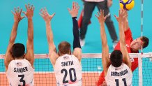 TOKYO, JAPAN - JULY 26: Dmitry Volkov #7 of Team ROC attacks at the net against Team United States during the Men's Preliminary Round - Pool B volleyball on day three of the Tokyo 2020 Olympic Games at Ariake Arena on July 26, 2021 in Tokyo, Japan. (Photo by Toru Hanai/Getty Images)