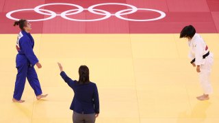 Nora Gjakova of Team Kosovo during the Women’s Judo 57kg Semifinal at Nippon Budokan