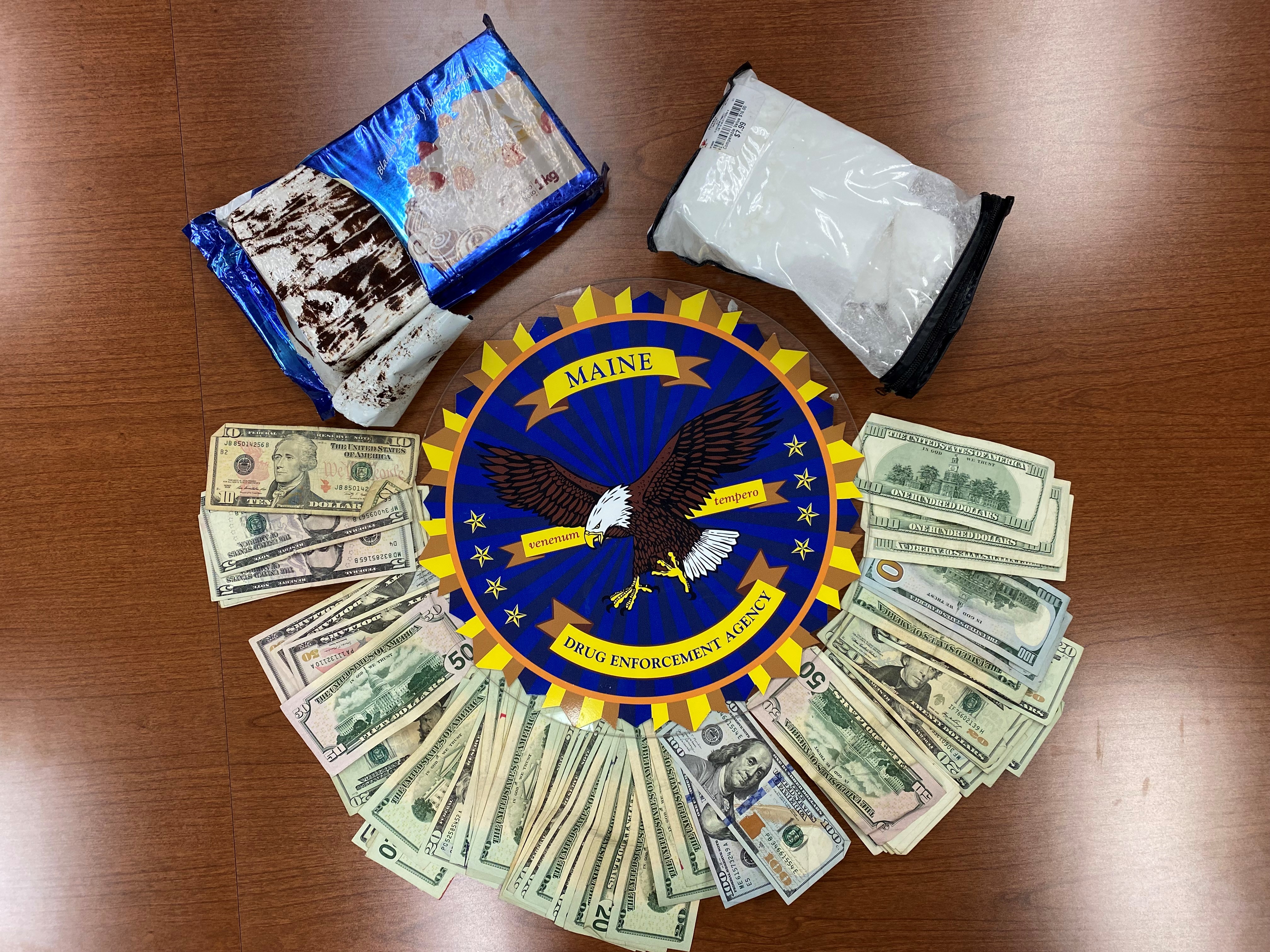 Money and cocaine, some disguised as cake, seized by authorities in Maine.