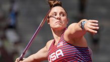 Kara Winger, of United States, competes in qualifications for the women's javelin throw at the 2020 Summer Olympics, Tuesday, Aug. 3, 2021, in Tokyo.