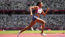 Allyson Felix, of United States races in a women's 400-meter heat at the 2020 Summer Olympics, Tuesday, Aug. 3, 2021, in Tokyo, Japan.
