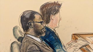 In this courtroom artist's sketch made from a video screen monitor of a Brooklyn courtroom, defendant R. Kelly, left, listens during the opening day of his trial, Wednesday, Aug. 18, 2021 in New York