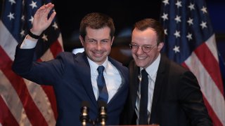 FILE - Pete Buttigieg and husband Chasten at the Century Center on March 1, 2020, in South Bend, Indiana.