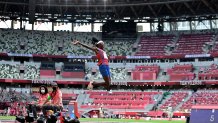 The United State's Brittney Reese competes in the women's long jump final during the Tokyo 2020 Olympic Games at the Olympic Stadium in Tokyo on Aug. 3, 2021.
