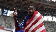 USA's Rai Benjamin poses after taking second place in the men's 400m hurdles final during the Tokyo 2020 Olympic Games at the Olympic Stadium in Tokyo on August 3, 2021.