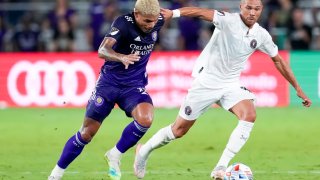 ORLANDO, FL – AUGUST 04: Orlando City midfielder Junior Urso (11) and Inter Miami defender Kieran Gibbs (3) during the MLS soccer match between the Orlando City SC and Inter Miami CF on August 4, 2021 at Explorer Stadium  in Orlando, FL. (Photo by Andrew Bershaw/Icon Sportswire via Getty Images)