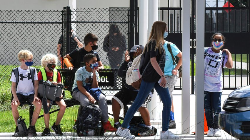 ORLANDO, FLORIDA, UNITED STATES – 2021/08/30: Students wearing face masks wait to be picked up by their parents at Pershing School in Orlando.