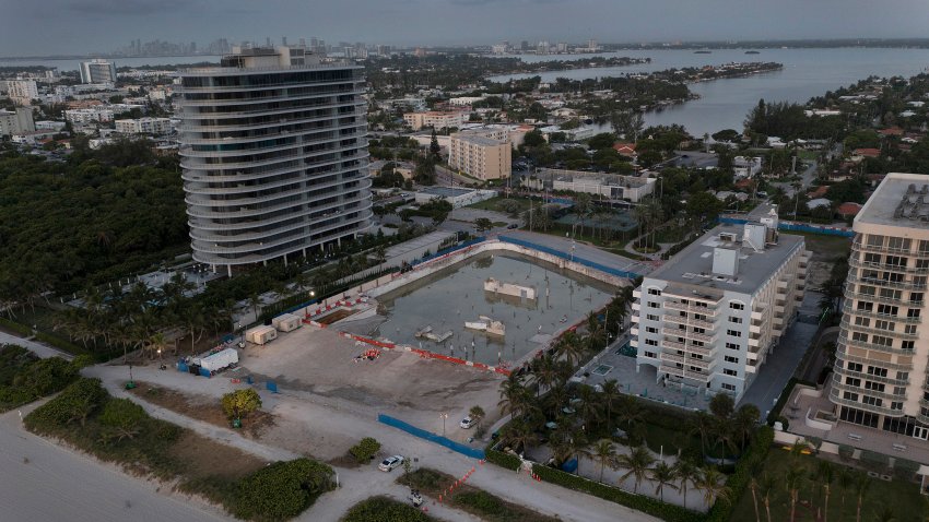 SURFSIDE, FLORIDA – JULY 31: In this aerial view, the cleared lot that was where the collapsed 12-story Champlain Towers South condo building once stood on July 31, 2021 in Surfside, Florida.  A total of 98 people died when the building partially collapsed on June 24, 2021.  (Photo by Joe Raedle/Getty Images)