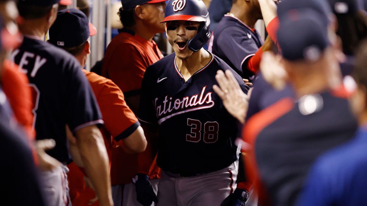 Trevor Rogers of the Miami Marlins celebrates with teammates in