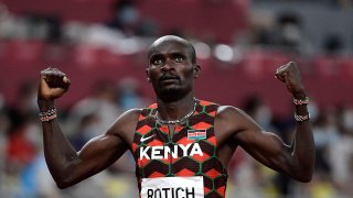 Kenya's Ferguson Cheruiyot Rotich celebrates after winning in the men's 800m semi-finals during the Tokyo 2020 Olympic Games