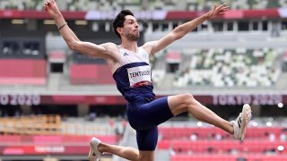 Greece's Miltiadis Tentoglou competes in the men's long jump final during the Tokyo 2020 Olympic Games